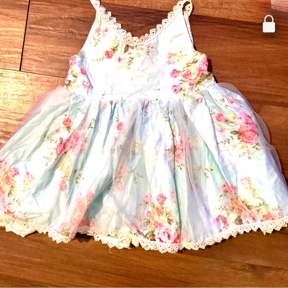 KubaKuba Toddler Girls Floral Blue Dress with Lace Trim Size 3T
